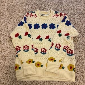 Cute Folk Floral Flower Ivory Cream Sweater Size Medium Mens